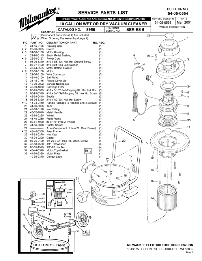 Milwaukee 8955 6 Parts - 10 GALLON WET OR DRY VACUUM CLEANER