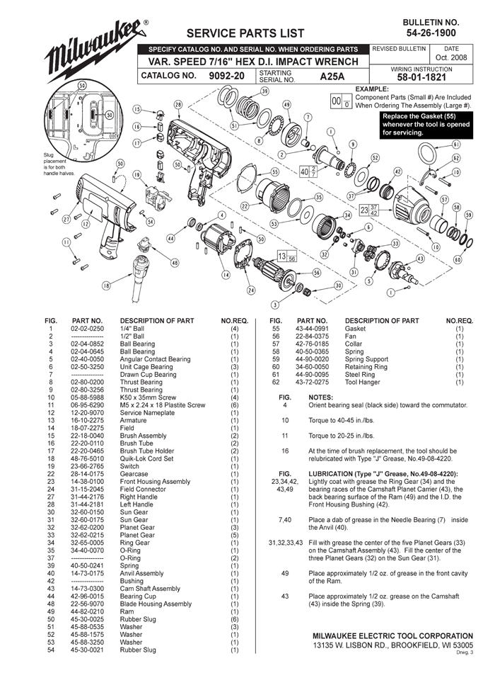 Milwaukee 9092-20 a25a Parts - Var. Speed 7/16" Hex D.I. Impact Wrench