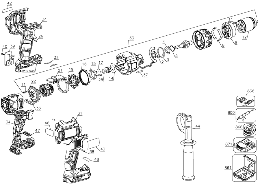 DCD997P2BT Dewalt Hammerdrills and Hammers Parts