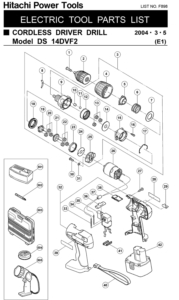 Hitachi DS14DVF2 Parts - Flash-light and 14.4V 3/8" Driver Drill Parts