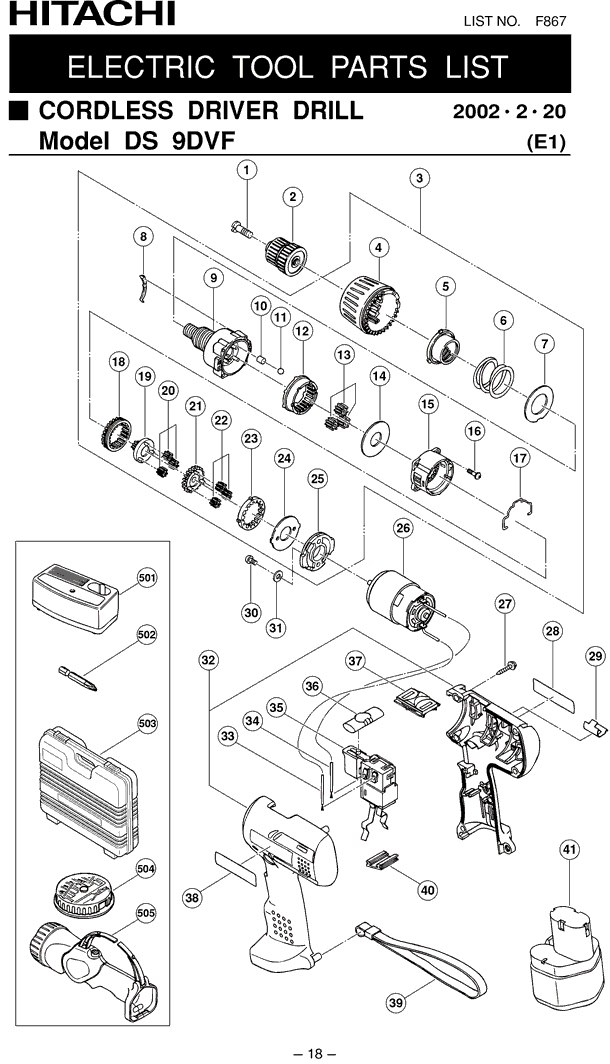 Hitachi DS9DVF Parts - 3/8" Cordless Driver Drill 9.6v Parts