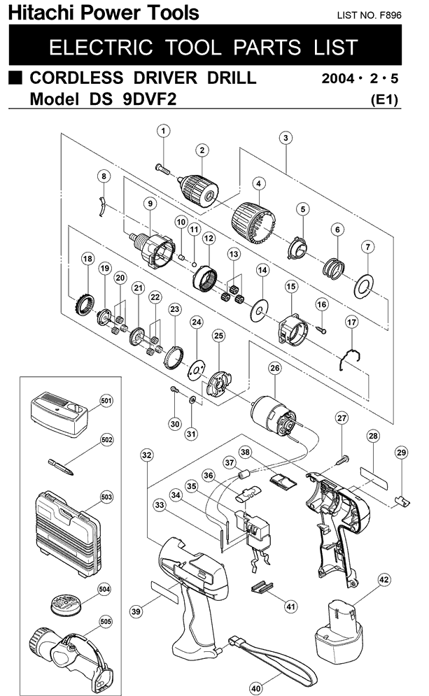 Hitachi DS9DVF2 Parts - Flash-light and 9.6V 3/8" Drill Parts