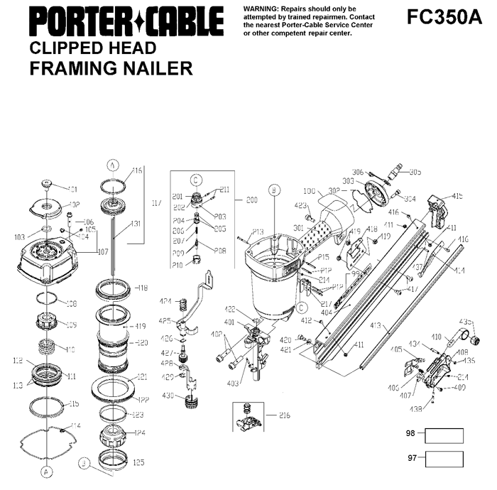 Porter Cable FC350A Clipped Head Framing Nailer Parts (TYPE 2)