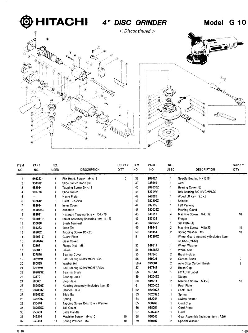 Hitachi G10 Parts - Grinder