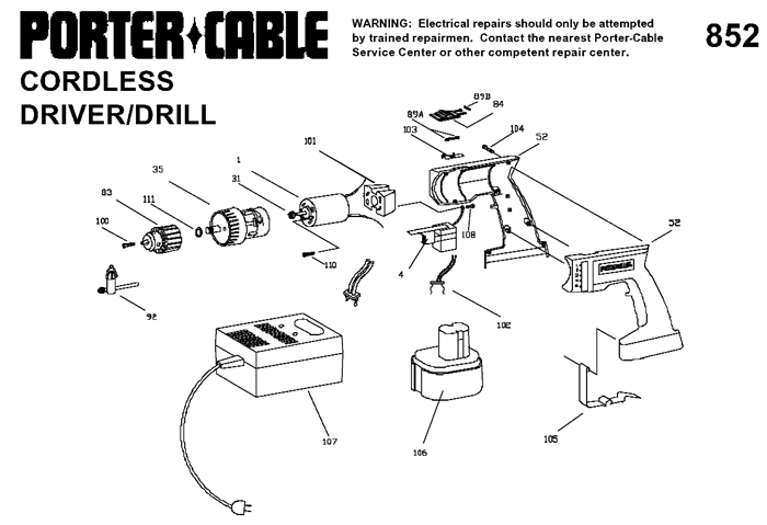 Porter Cable J-852 Cordless 12V Drill Parts