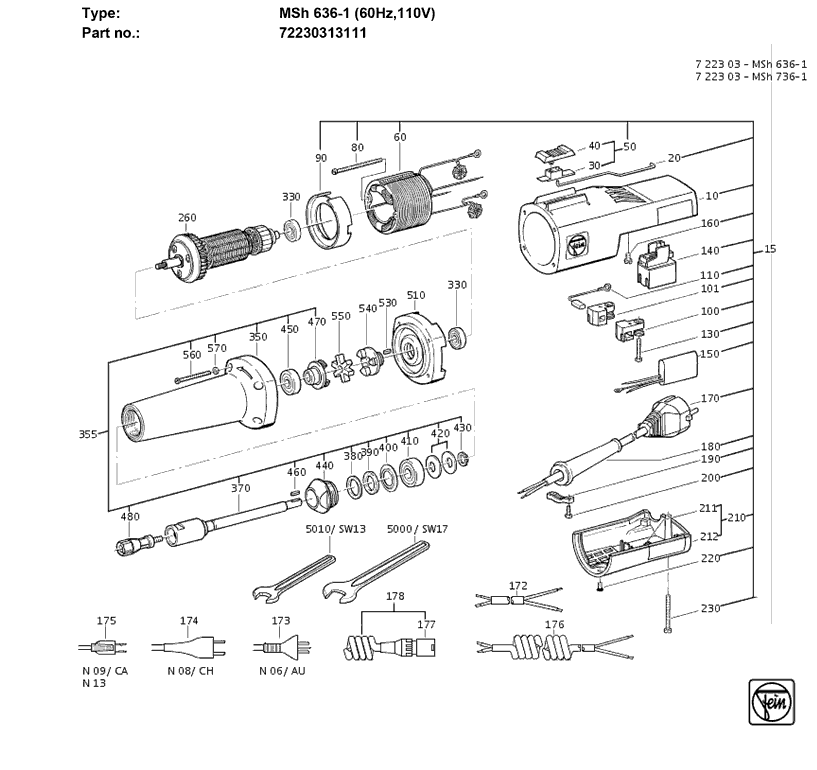 Fein MSH636-1 72230313111 Parts - Straight Grinder