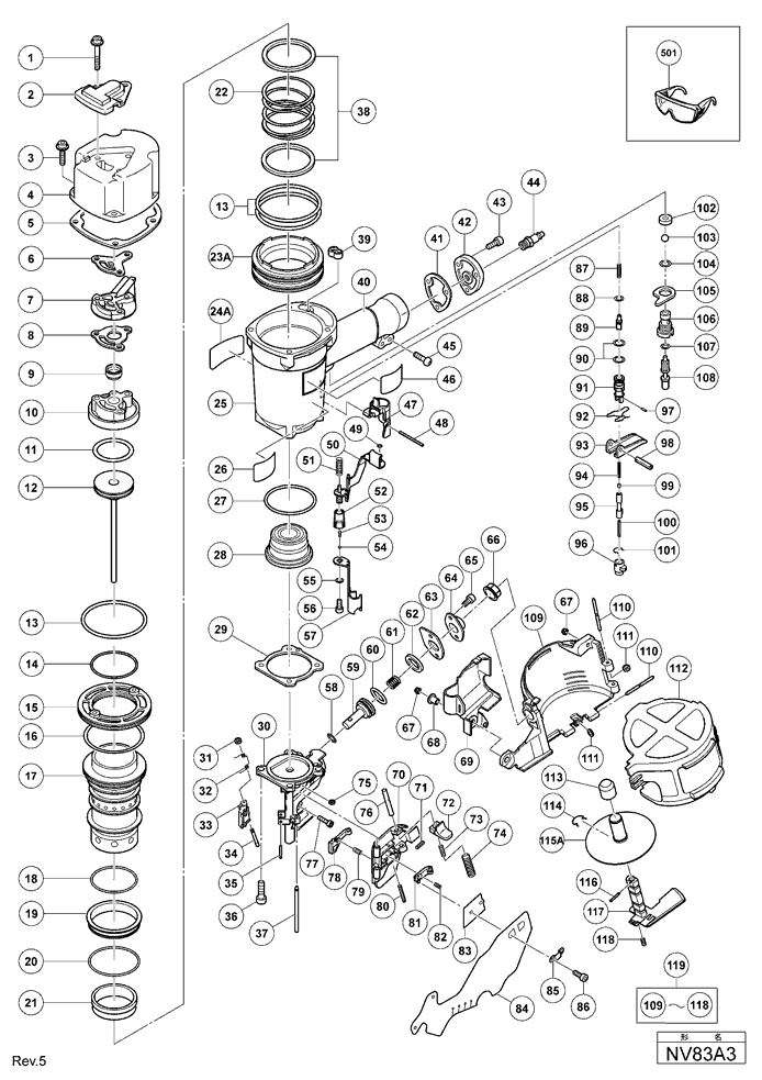 Hitachi NV83A3 Parts - Coil Nailer