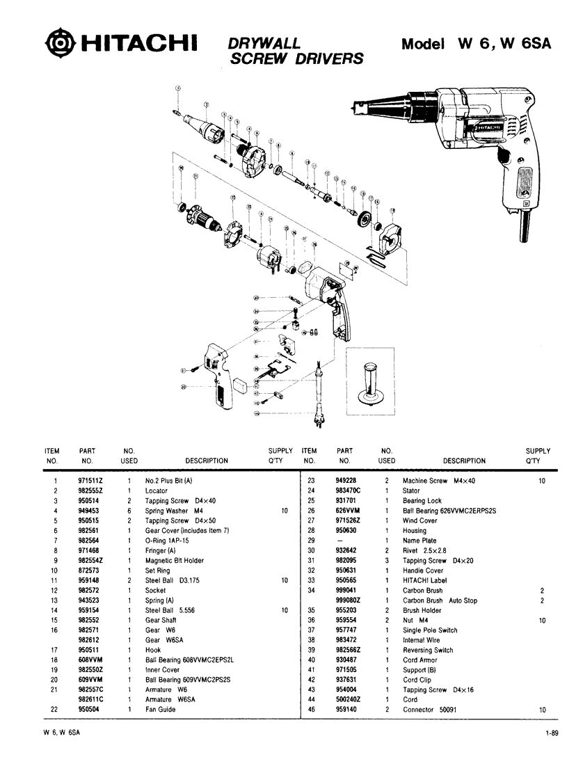 Hitachi W6 Parts - Screw Driver