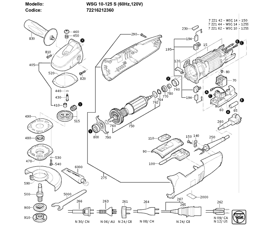 Fein WSG-10-125S 72216212360 Parts - Compact Angle Grinder