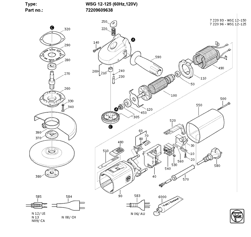 Fein WSG12-125 72209609638 Parts - Compact Angle Grinder