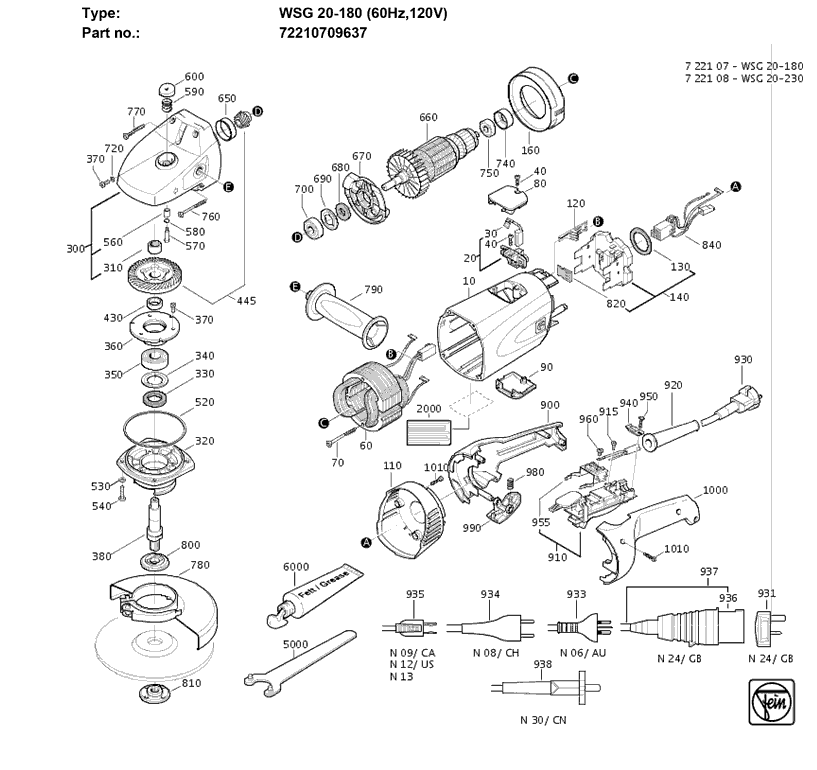 Fein WSG20-180 72210709637 Parts - Angle Grinder