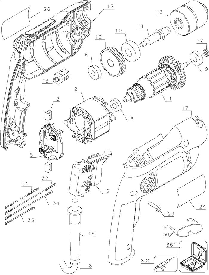 DeWalt D21008K Type 1 Parts - VSR Drill