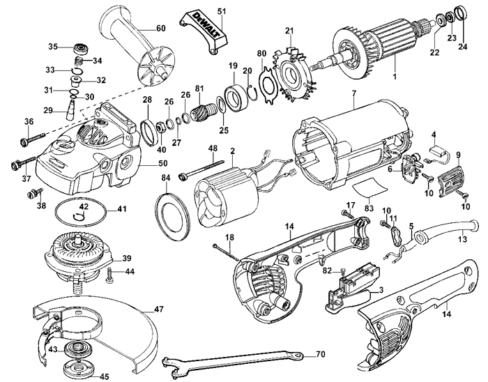 DeWALT D28474W-AR 7 inch Large Angle Grinder Parts (Type 2)