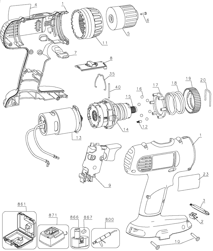 DeWalt DC727VA Type 1 Parts - Cordless Drill