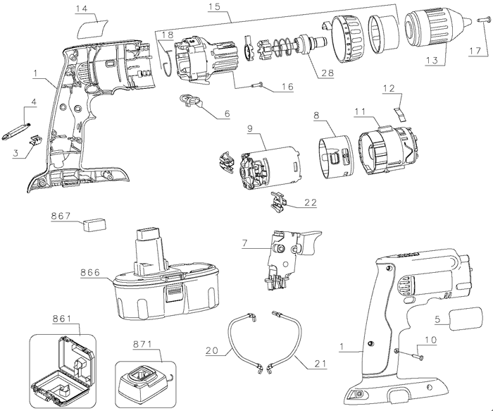 DeWalt DC985KA Type 1 Parts - Cordless Hammerdrill