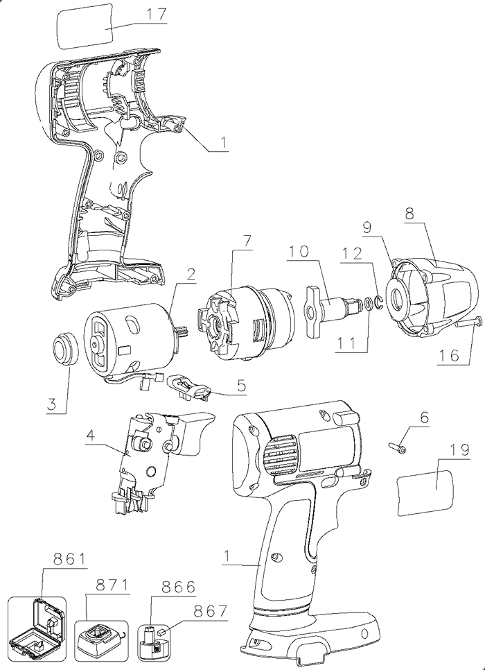 DeWALT DW051 12V Cordless Impact Wrench Parts  (Type 1)