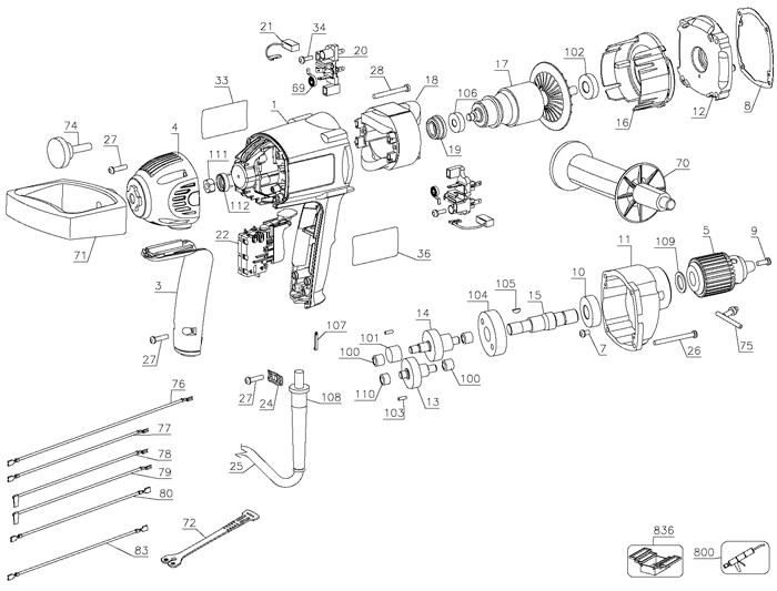 DeWalt DW130VAR Type 1 Parts - Spade Handle Drill