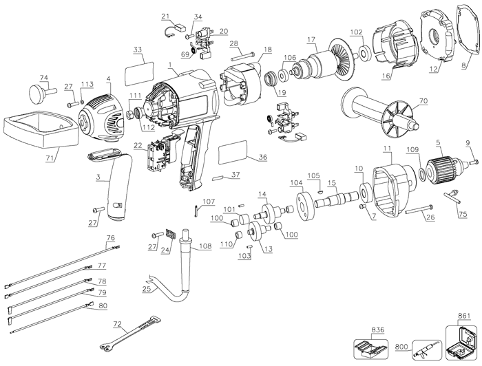 DeWalt DW130VK Type 1 Parts - Spade Handle Drill