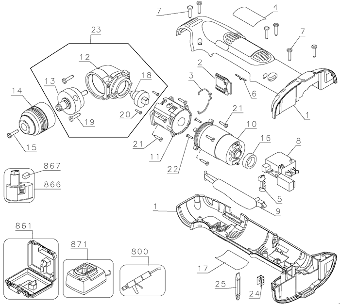 DeWalt DW960B Type 1 Parts - Cordless Right-Angle Drill