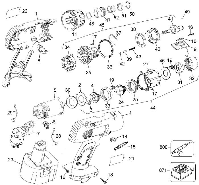 DeWALT DW970 Cordless Impact Driver Parts (Type 1)