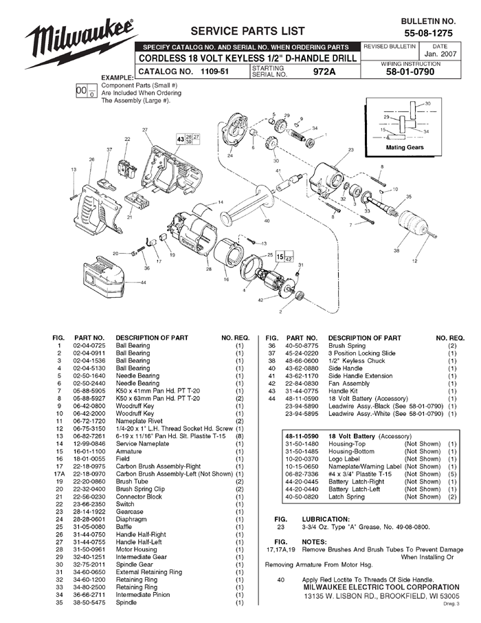Milwaukee 1109-51 972a Parts - Cordless 18 Volt Keyless 1/2" D-Handle Drill