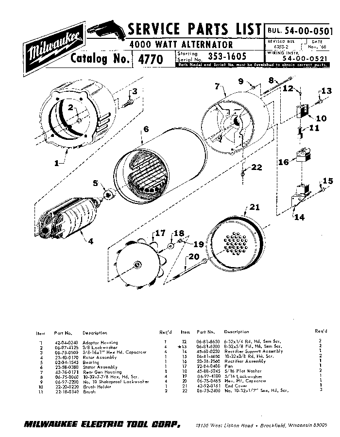 Milwaukee 4770 3531605 Parts 4000 Watt Alternator wBase Milwaukee
