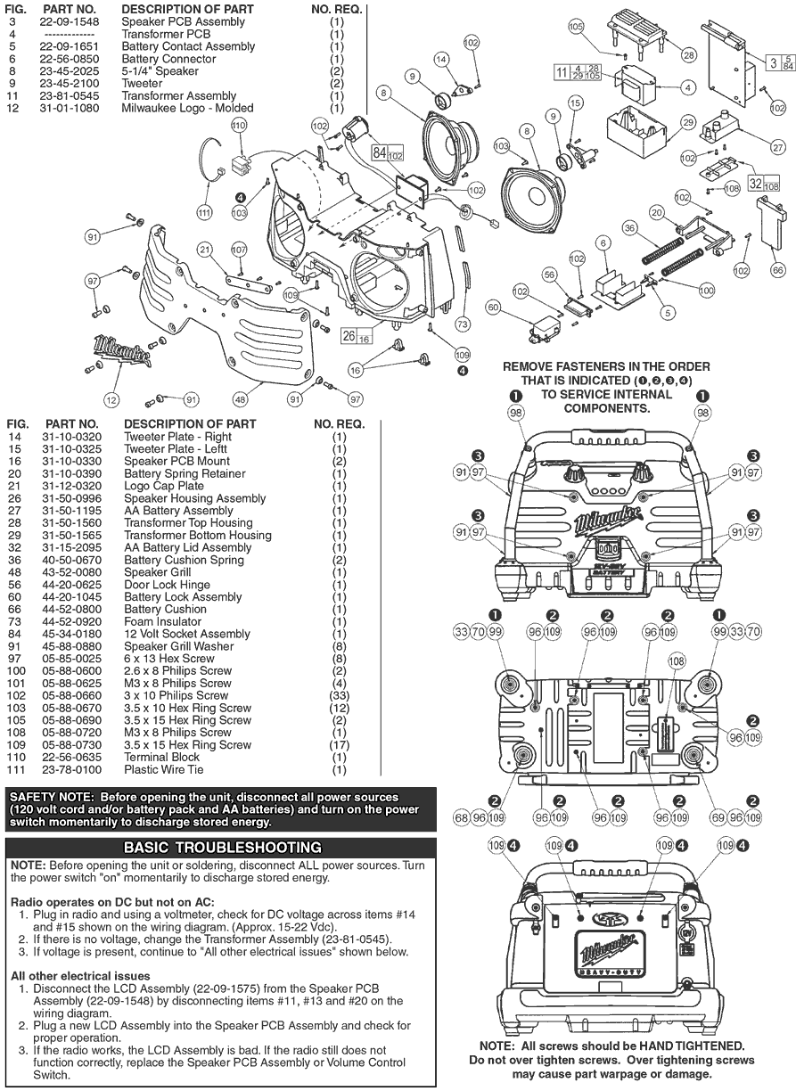 Milwaukee 49240280 a81b Parts JOB SITE RADIO Milwaukee Jobsite