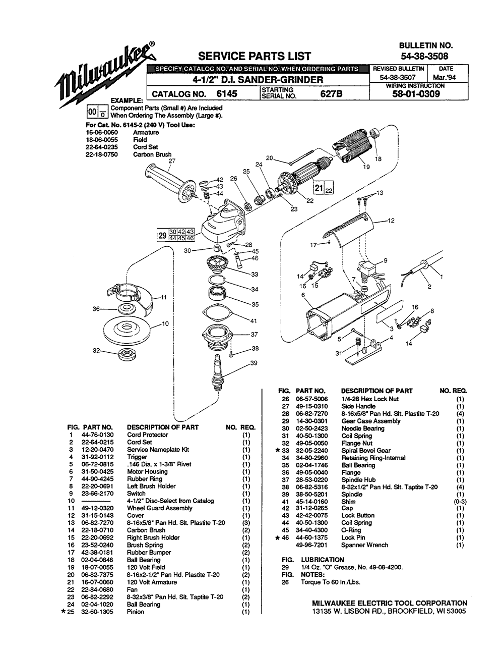 Milwaukee 6145 627b Parts - ?4-1/2" DPI. SANDER - GRINDER