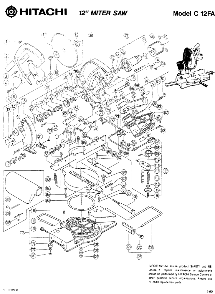 Hitachi C12FA Parts - 12-Inch Miter Saw - Hitachi Miter Saw Parts